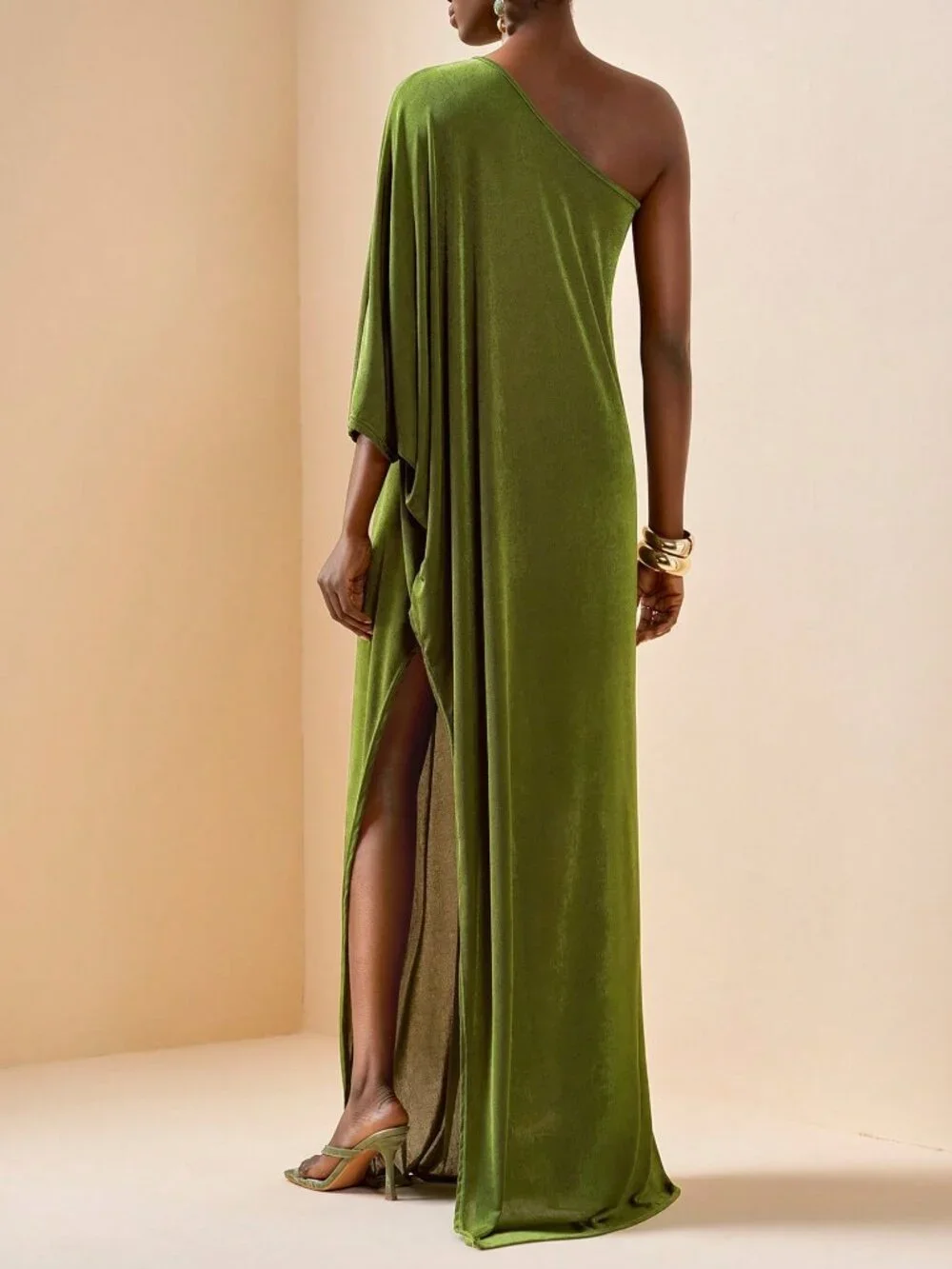 Army Green Elegant Women's One-Shoulder Robe Beach Cover-Up_2